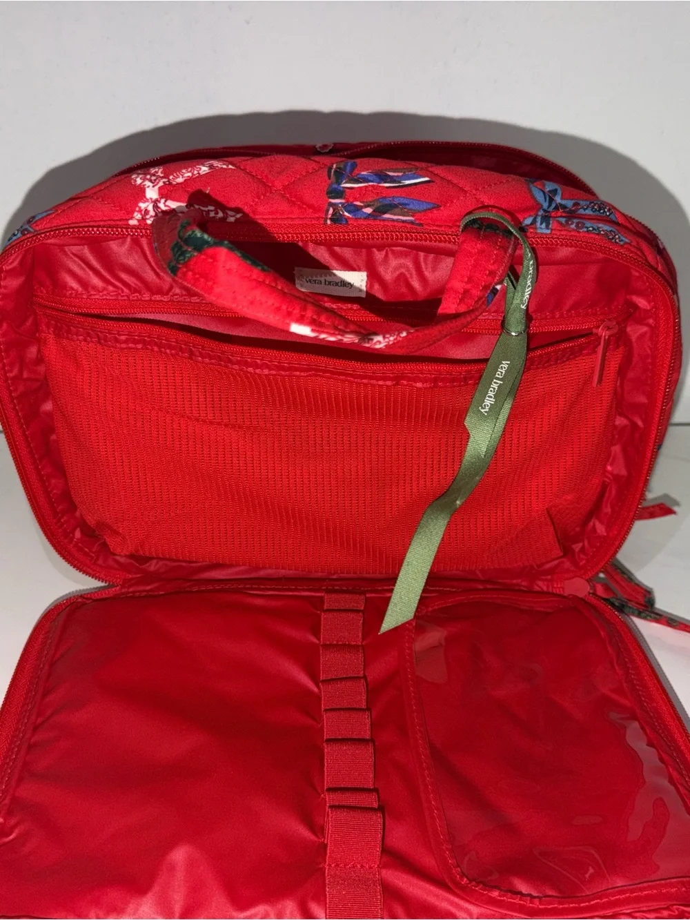 Vera Bradley Red Quilted Bow-Print Travel Cosmetic Case with Green Ribbon